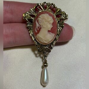 Vintage Gold Cameo Brooch with Drop Pearl Accent